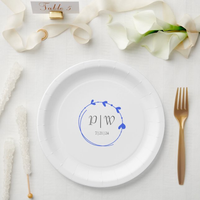 Assiettes En Carton Royal Blue Simple Heart Wreath Monogram Mariage (Mariage)