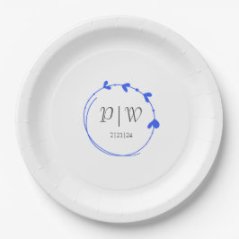 Assiettes En Carton Royal Blue Simple Heart Wreath Monogram Mariage