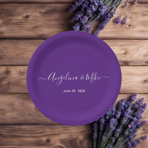Assiettes En Carton Royal violet - élégant script personnalisé