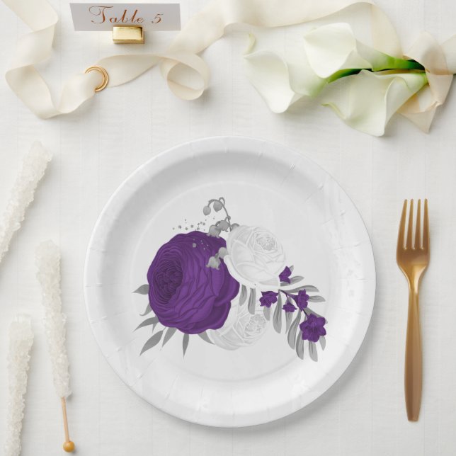 Assiettes En Carton royal violet et fleurs blanches argent (Mariage)