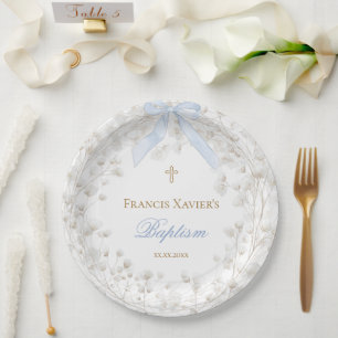 Assiettes En Carton ruban bleu fleurs de bébé blanc Baptême