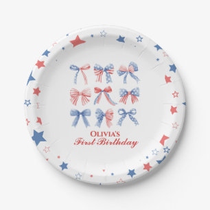 Assiettes En Carton Rubans Rouges, Blancs et Bleus anniversaire quatri