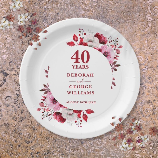 Assiettes En Carton Ruby Moderne Floral 40e Anniversaire Mariage (Ruby Modern Floral 40th Wedding Anniversary Paper Plates)