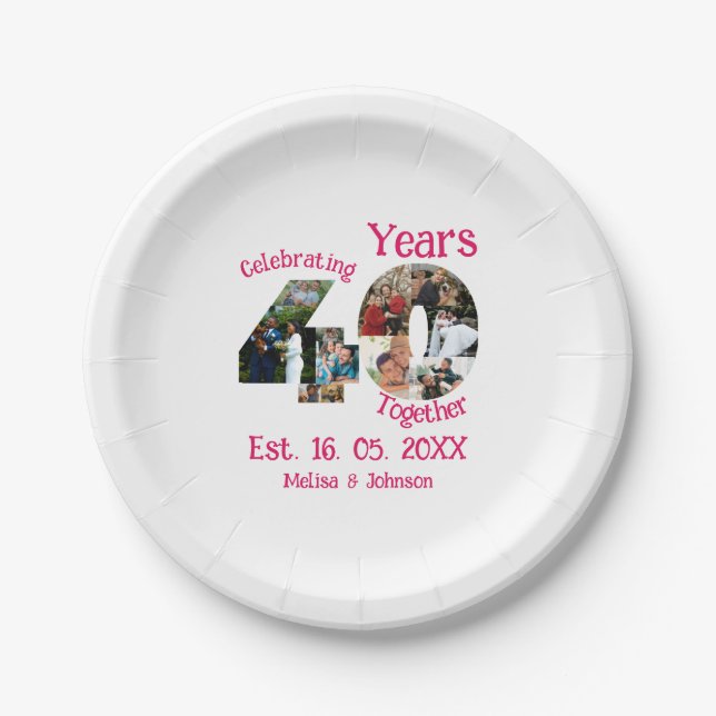 Assiettes En Carton Ruby Red 40th Mariage Anniversary 11 Photo Collage (Devant)