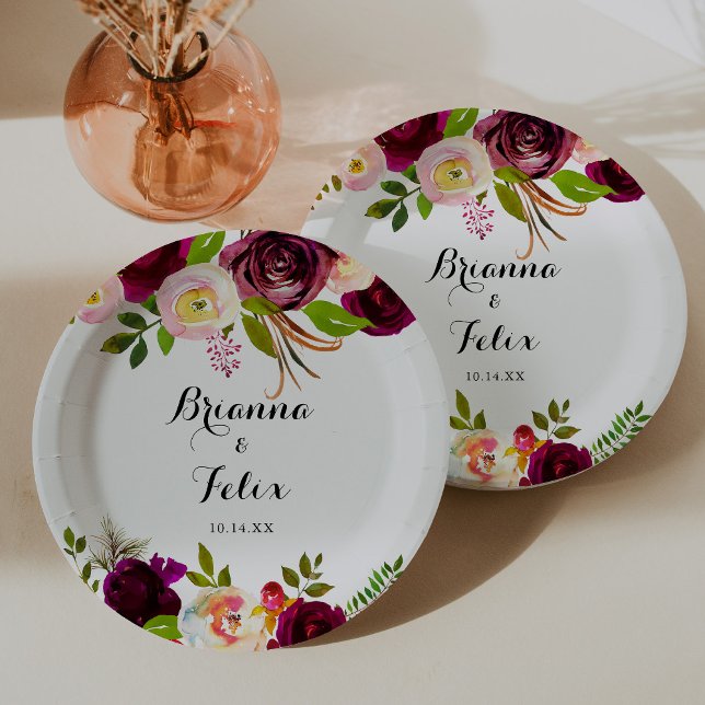 Assiettes En Carton Russe Blush Bourgogne Floral Mariage Gâteau (Créateur téléchargé)