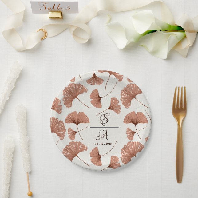Assiettes En Carton Russe Terracotta Beige Ginkgo Mariage feuille (Mariage)