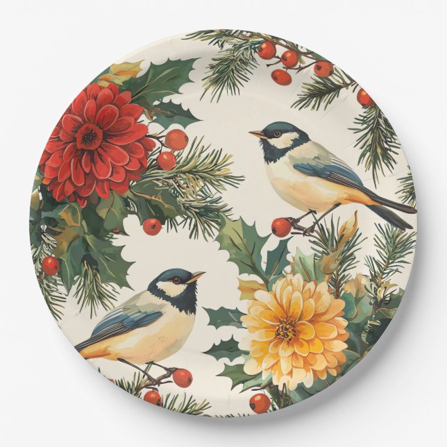 Assiettes En Carton Rustic Bird et Poinsettia Motif de Noël (9) (Devant)