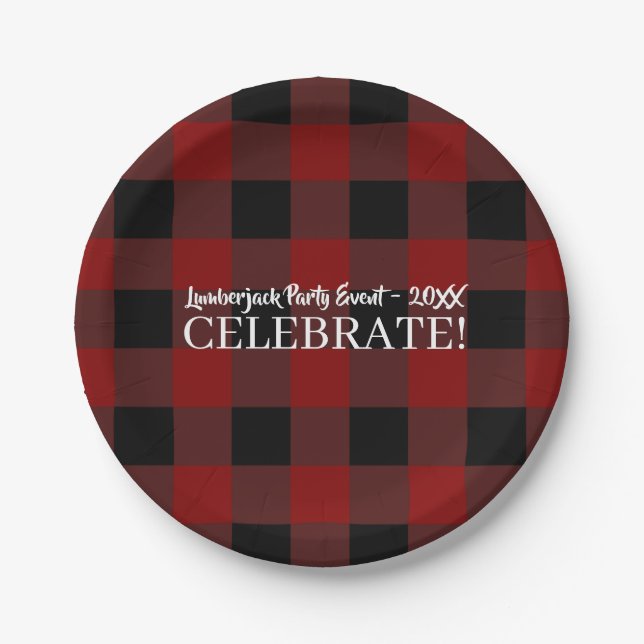 Assiettes En Carton Rustic Buffalo Plaid Celebrate Custom Red & Black (Devant)