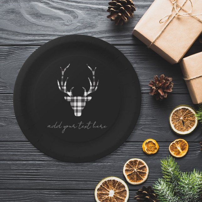 Assiettes En Carton Rustic Elegant Personalized Christmas Paper Plates (chi paper plate for christmas. modern black plaid check deer. )