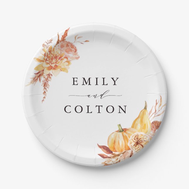 Assiettes En Carton Rustic Fall Gold Floral Citrouille Mariage (Devant)