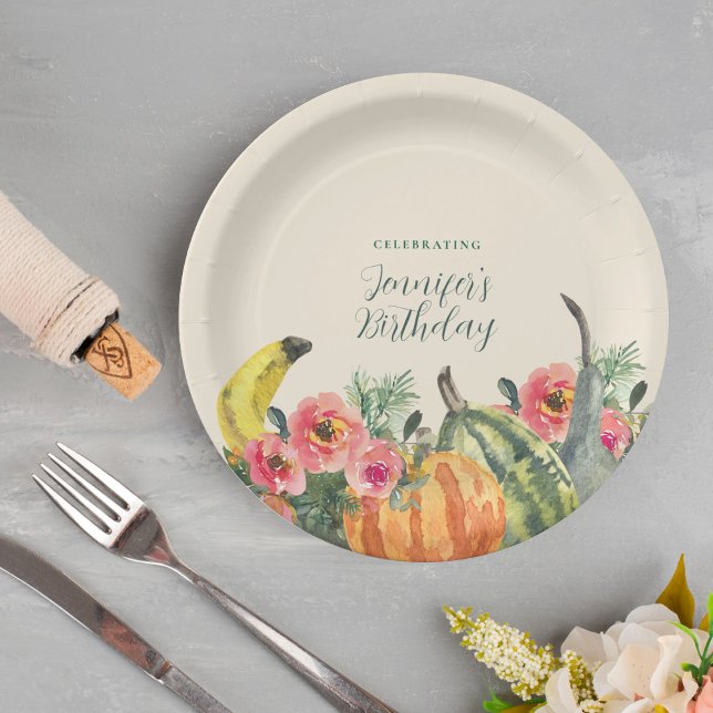 Assiettes En Carton Rustic Fall Pink Floral Pumpkins Birthday Party (Créateur téléchargé)