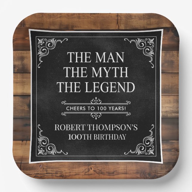 Assiettes En Carton Rustic Man Myth Légende 100e anniversaire Noir (Recto)