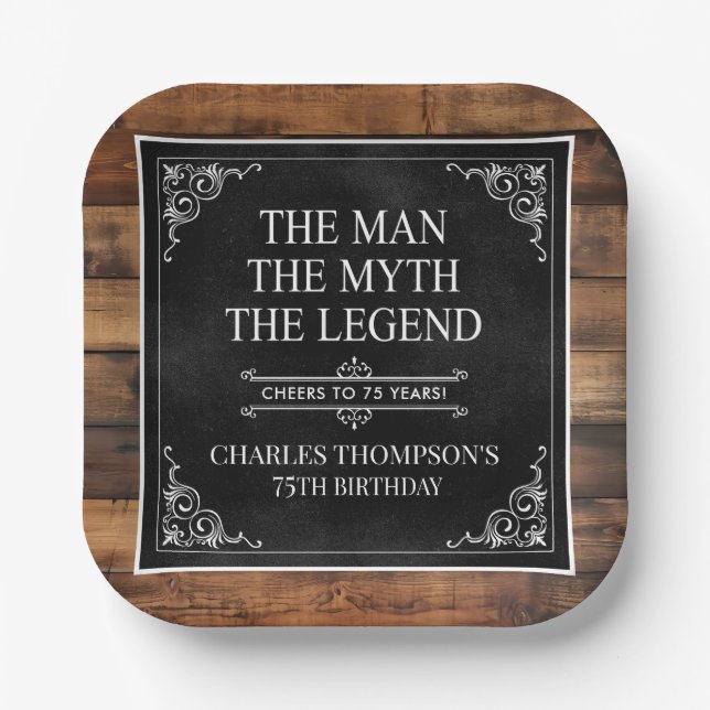 Assiettes En Carton Rustic Man Myth Légende 75e anniversaire Noir (Recto)