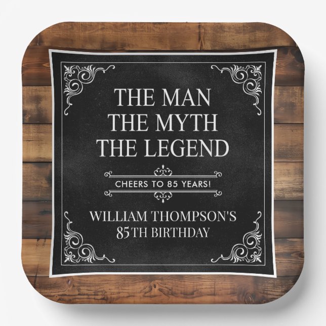 Assiettes En Carton Rustic Man Myth Légende 85e anniversaire Noir (Recto)