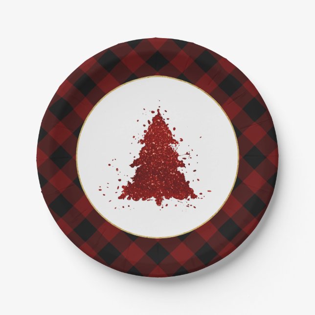 Assiettes En Carton Rustic Red Christmas Tree Modern Buffalo Plaid (Devant)