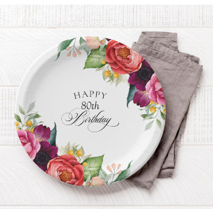 Assiettes En Carton Rustic Watercolor Floral 80e fête d'anniversaire