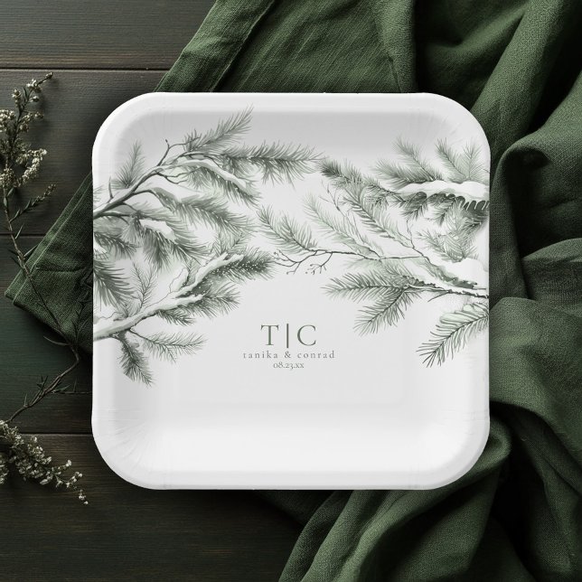 Assiettes En Carton Rustic Winter Wedding Boughs Forest Green ID1049 (Créateur téléchargé)