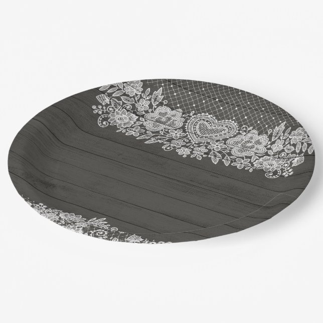 Assiettes En Carton Rustique Bois & Blanc Dentelle Élégant Fête de Sty (Angle)