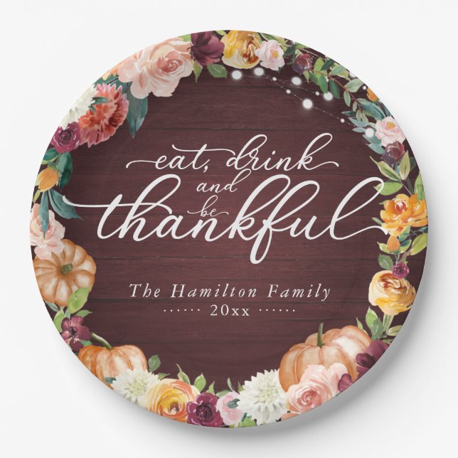 Assiettes En Carton Rustique Chic Fleurs d'Automne Thanksgiving Diner  (Devant)