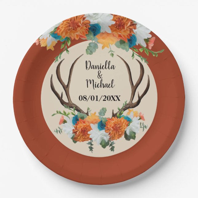 Assiettes En Carton Rustique Floral Antlers BOHO Mariage (Devant)