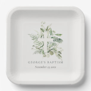 Assiettes En Carton Rustique Green Eucalyptus Fern Foliage Croix Baptê