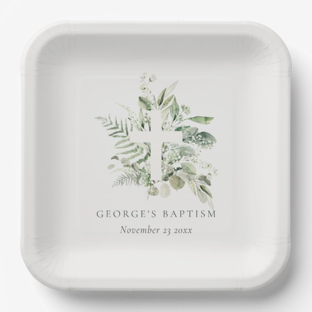 Assiettes En Carton Rustique Green Eucalyptus Fern Foliage Croix Baptê (Recto)