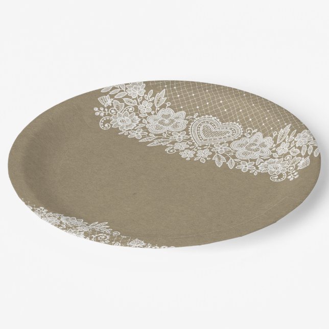 Assiettes En Carton Rustique Kraft & dentelle Maison de Ferme Barn Chi (Angle)