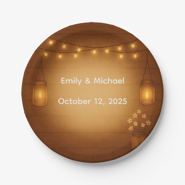 Assiettes En Carton Rustique Mason Jar & String Mariage (Devant)