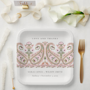Assiettes En Carton Rustique rose vert Floral Paisley Motif Mariage