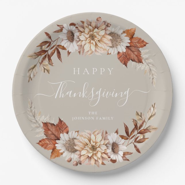 Assiettes En Carton Rustique Taupe - Feuilles d'automne Bon thanksgivi (Devant)