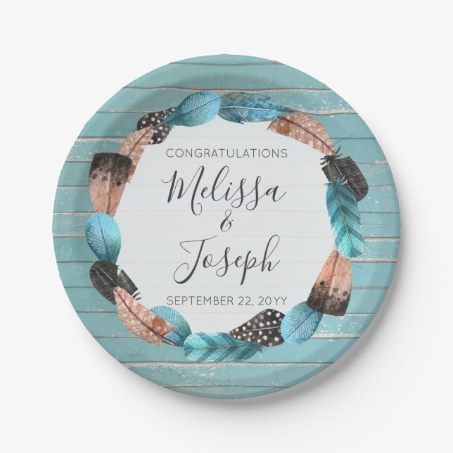 Assiettes En Carton Rustique Turquoise Mariage Boho en plume Wreath (Devant)