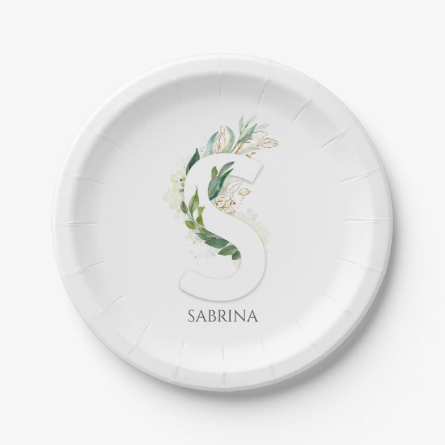 Assiettes En Carton S Monogram Gold Greenery Feuilles Nom élégant (Devant)