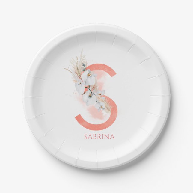 Assiettes En Carton S Nom du monogramme Pampas Grass Orchidées blanche (Devant)