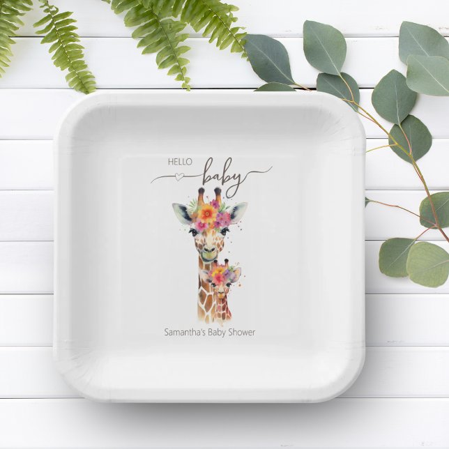 Assiettes En Carton Safari Animal Floral Giraffe Maman Baby shower (Safari Animal Floral Giraffe Mom Baby Shower Paper Plates)