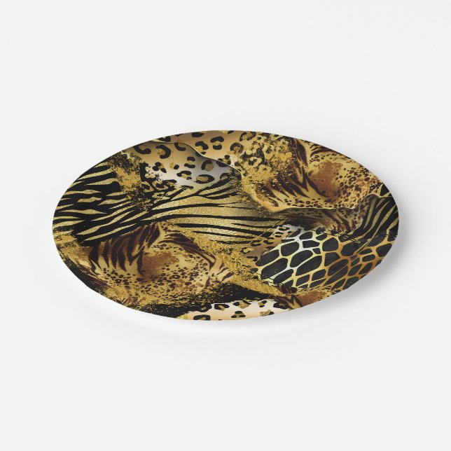 Assiettes En Carton Safari animal sauvage léopard peau or noir (Angle)