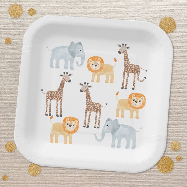 Assiettes En Carton Safari Animaux Aquarelle Motif (Fun safari animal themed party paper plates)