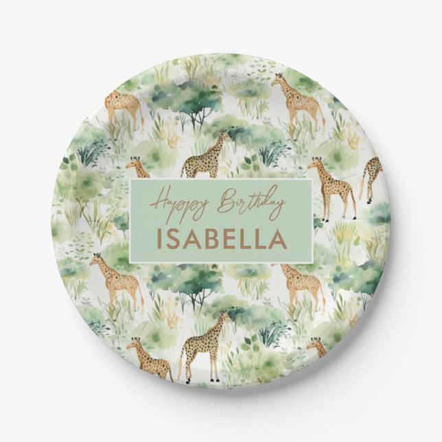Assiettes En Carton Safari Animaux - Giraffes Aquarelle Vert Beige (Devant)