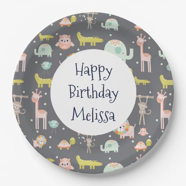 Assiettes En Carton Safari Animaux Motif Nursery Art Joyeux anniversai (Devant)
