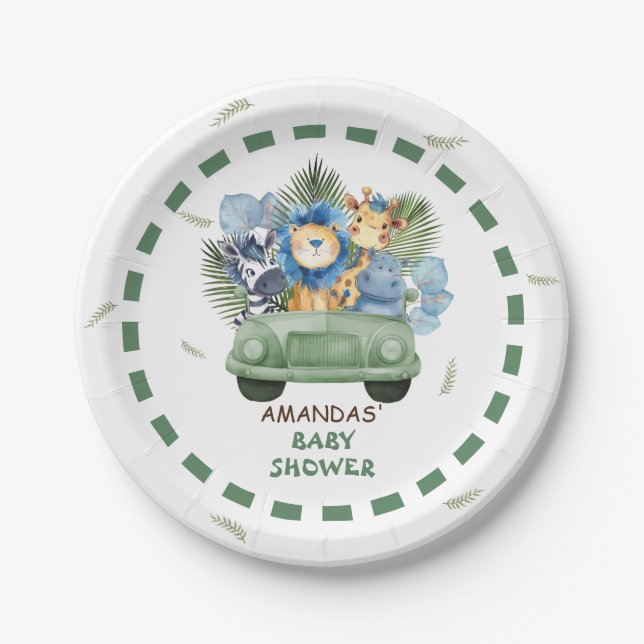 Assiettes En Carton Safari Animaux Voiture Baby shower Garçon (Devant)