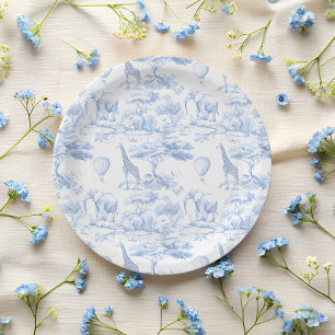 Assiettes En Carton Safari Bleu Animaux Toile de Jouy Baby shower