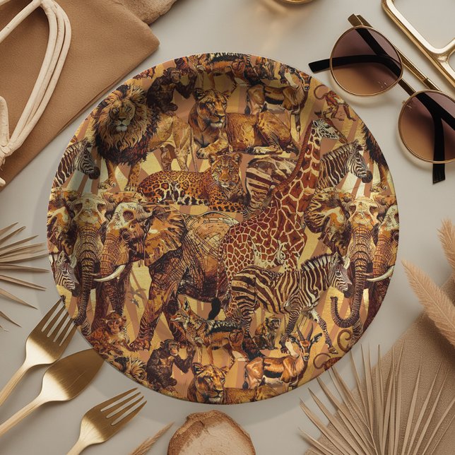Assiettes En Carton Safari de collage d'animaux sauvages pour enterrem (Créateur téléchargé)