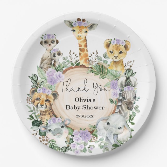 Assiettes En Carton Safari Floral Violet Animaux sauvages Anniversaire (Devant)