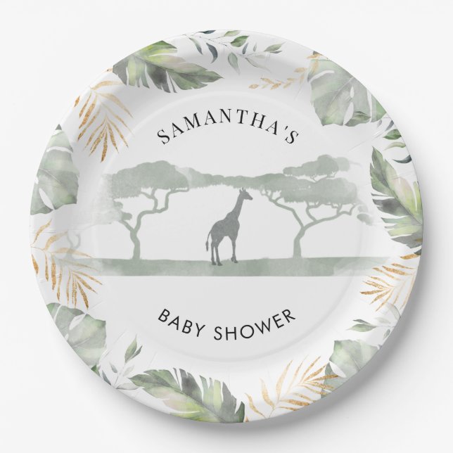 Assiettes En Carton Safari Giraffe Palm Baby shower Feuille (Devant)
