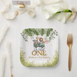 Assiettes En Carton Safari Jungle Wild Un premier Carré d'anniversaire