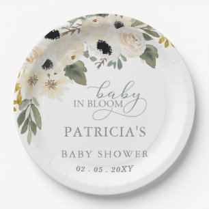Assiettes En Carton Sage Baby in Bloom Ivory Floral Girl Baby shower