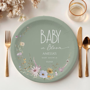 Assiettes En Carton Sage Green Baby in Bloom Papier Plaque
