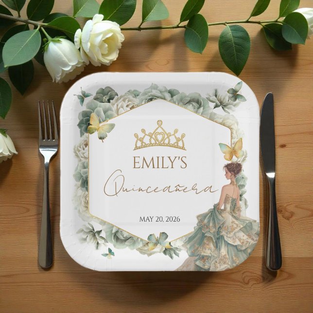 Assiettes En Carton Sage Green Floral Butterfly Tiara Quinceañera (Créateur téléchargé)