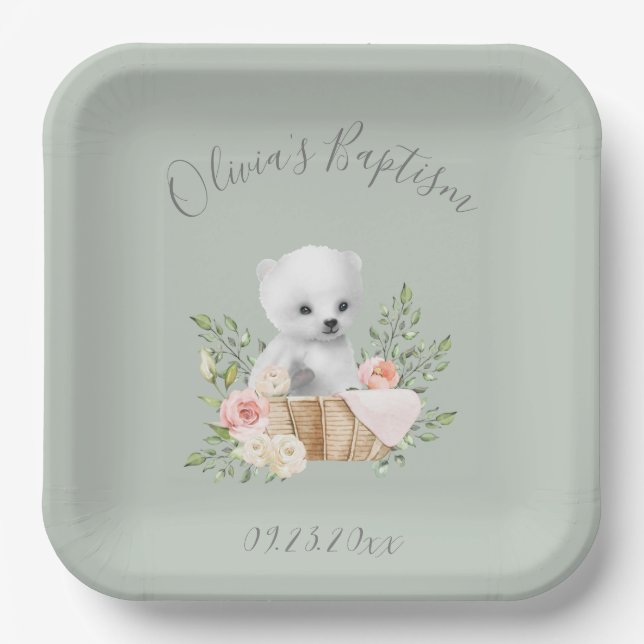 Assiettes En Carton Sage Green Polar Ours Bébé Baptême Plaques de papi (Recto)