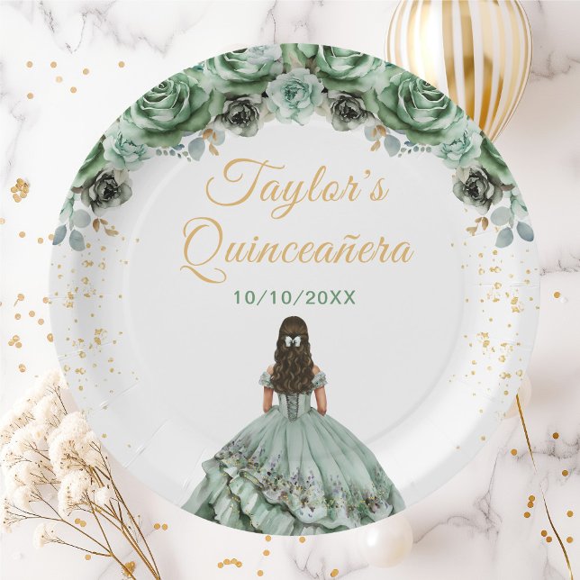 Assiettes En Carton Sage Green Princesse Floral Quinceañera (Créateur téléchargé)