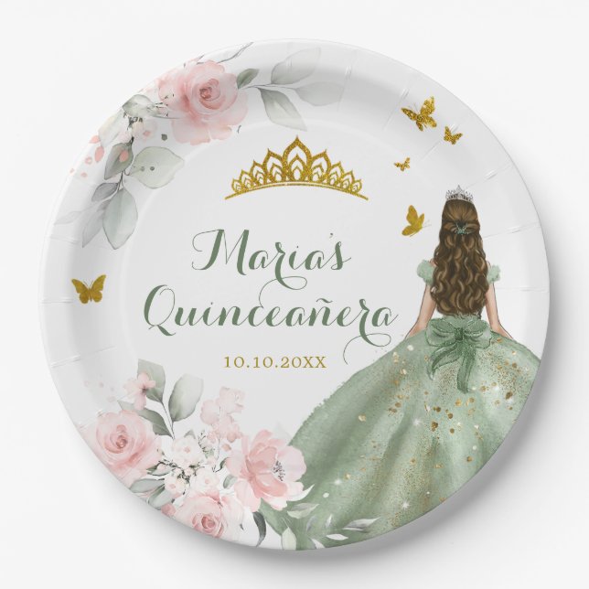 Assiettes En Carton Sage Green Royale Quinceañera 16e (Devant)